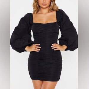 PrettyLittleThing Black Ruched Long Sleeve Dress